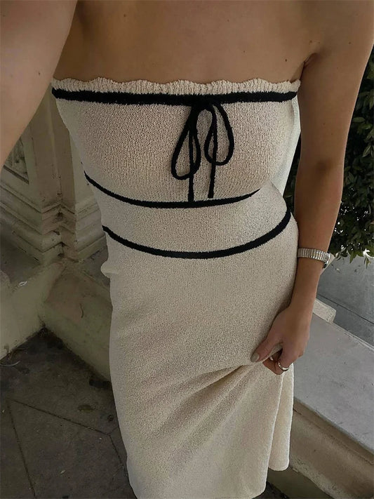 Knit Patchwork Backless Long Dress Bandage Slim Contrast High Waist Dress Female Knitwear Maxi Dress