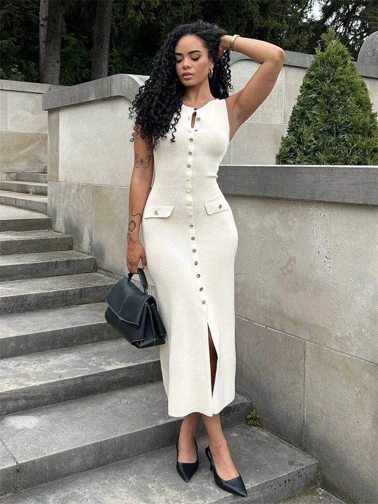 Knit Ribbed Cardigan Maxi Dress Female High Waist Slim Pocket Sleeveless Party Dress ’s Knitwear Long Dress
