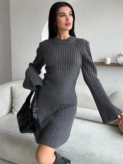 Knit Ribbed Dress Female High Waist Loose Patchwork Commute Party Dress Knitwear Mini Dress