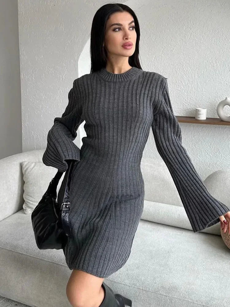 Knit Ribbed Dress Female High Waist Loose Patchwork Commute Party Dress Knitwear Mini Dress
