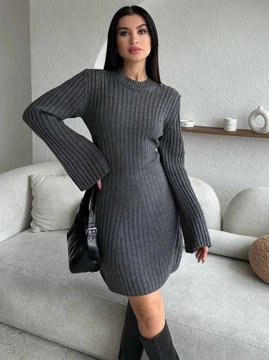 Knit Ribbed Dress Female High Waist Loose Patchwork Commute Party Dress Knitwear Mini Dress