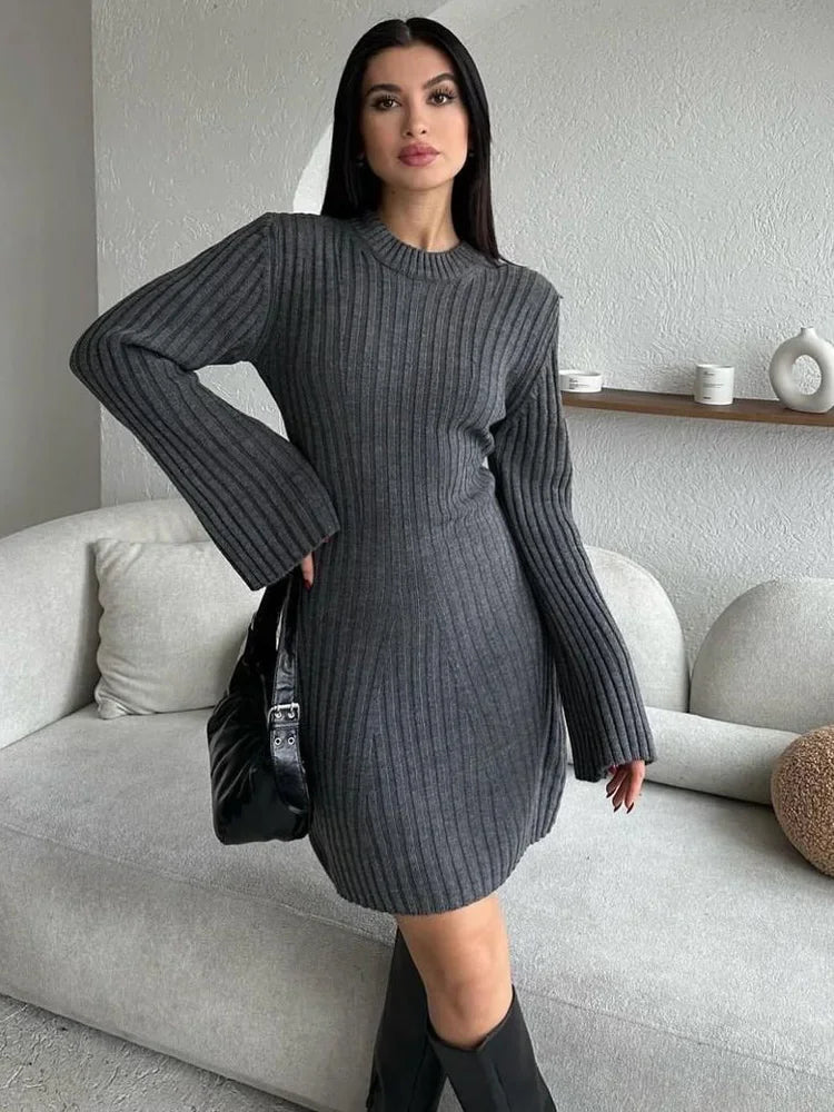 Knit Ribbed Dress Female High Waist Loose Patchwork Commute Party Dress Knitwear Mini Dress