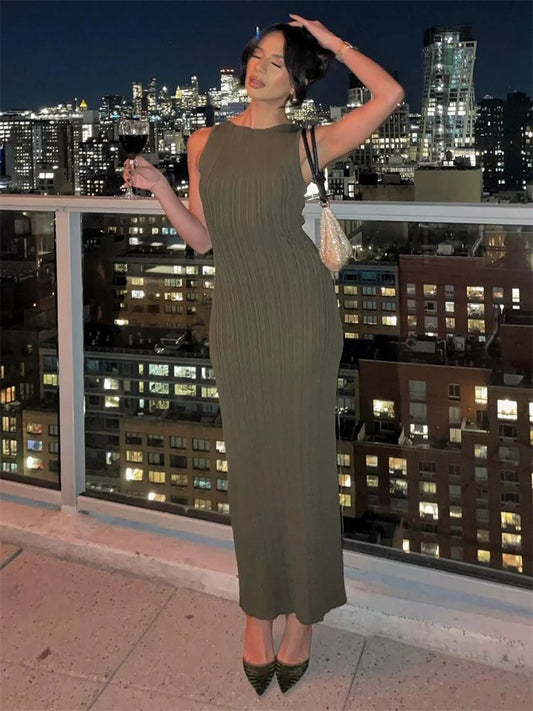 Knit Ribbed Long Dress for Sleeveless High Waist Party Dress Clothes ’s Maxi Dress