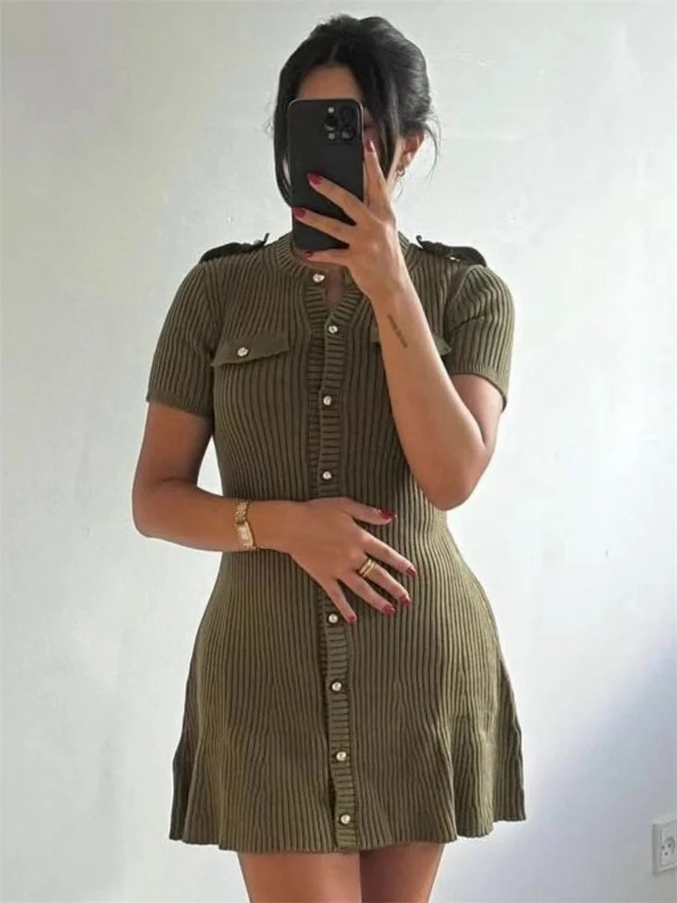 Knit Ribbed Pocket Mini Dress Female Short Sleeve Cardigan Patchwork Slim Party Dress ’s Knitwear Autumn Dress