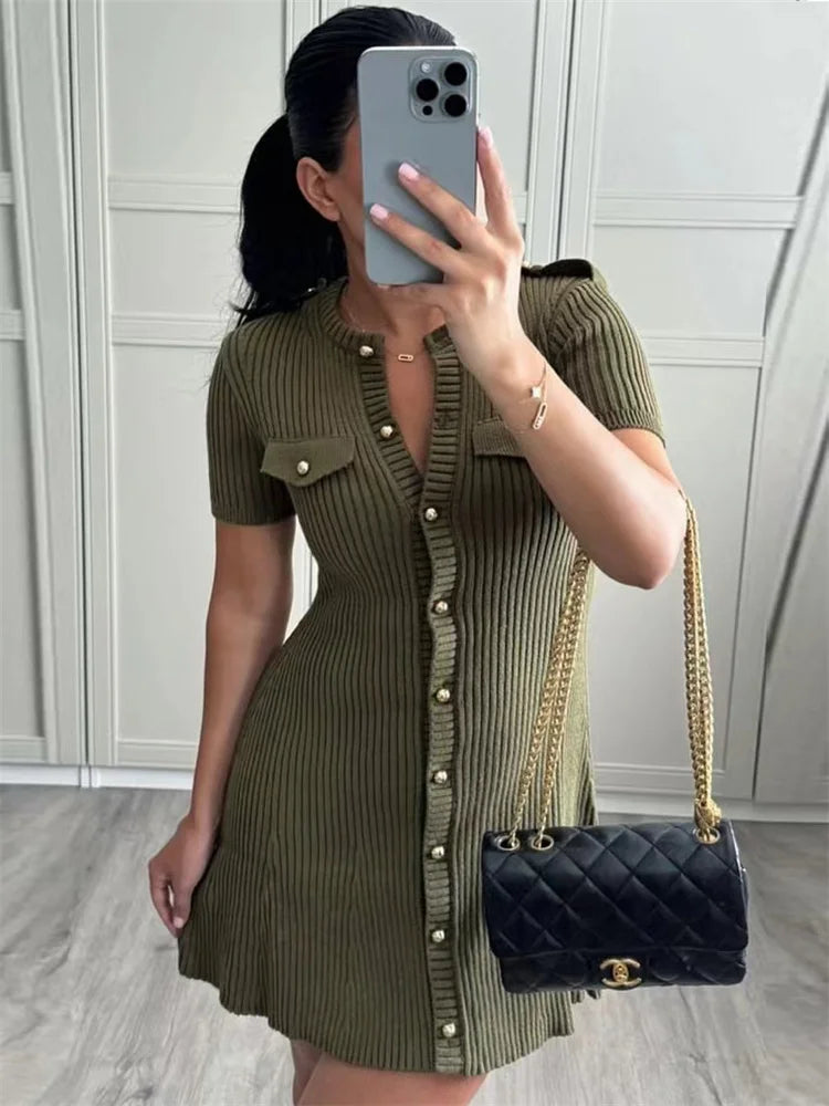 Knit Ribbed Pocket Mini Dress Female Short Sleeve Cardigan Patchwork Slim Party Dress ’s Knitwear Autumn Dress