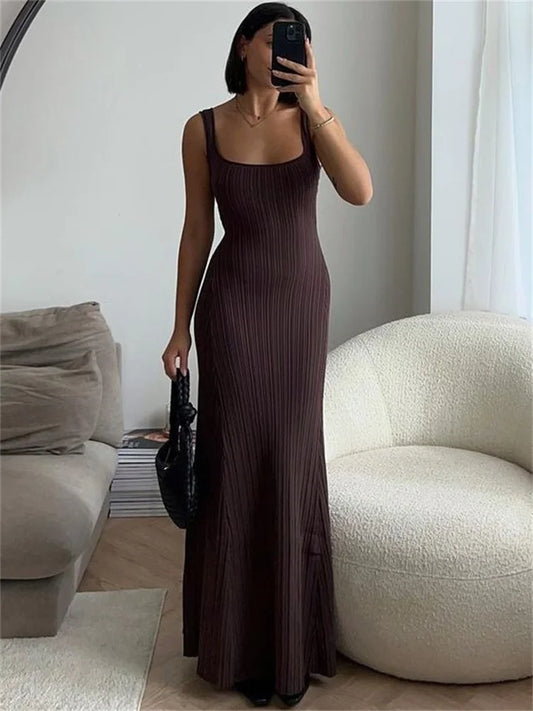 Knit Ribbed Slim Maxi Dress Female Backless Scoop Neck Party Looks Long Dress Patchwork Knitwear Dress