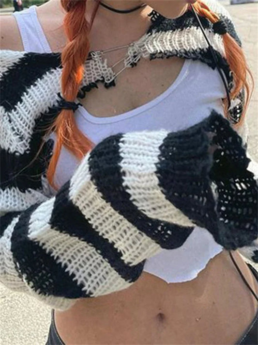 Knit Shrugs Tops for Black and White Striped Mini Cardigan Knitwear Long Sleeve Drop Shoulder Shrug Top Y2k E-