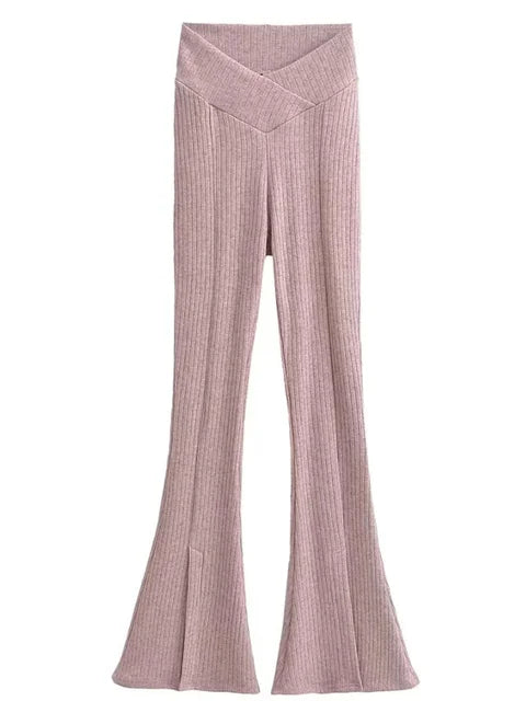 Knit Skinny Flared Trousers Split Out Trousers for Cross Low Waist White Flared Pants New