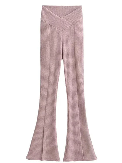 Knit Skinny Flared Trousers Split Out Trousers for Cross Low Waist White Flared Pants New