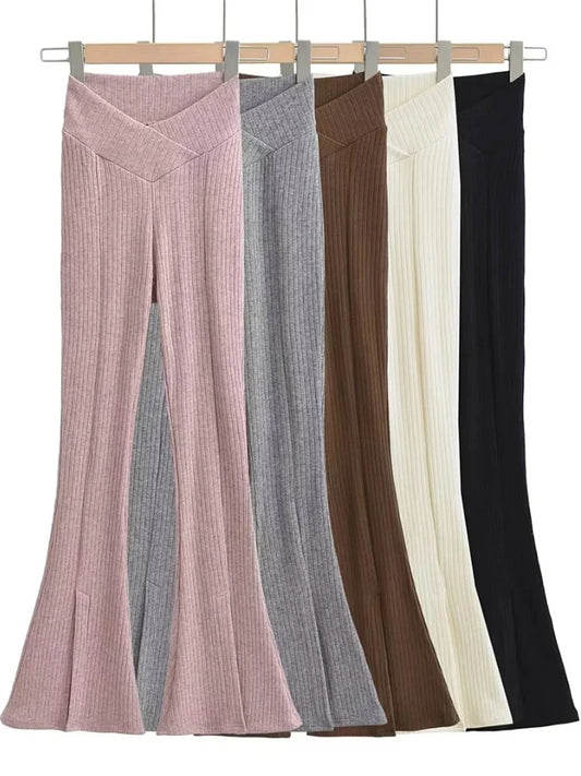 Knit Skinny Flared Trousers Split Out Trousers for Cross Low Waist White Flared Pants New