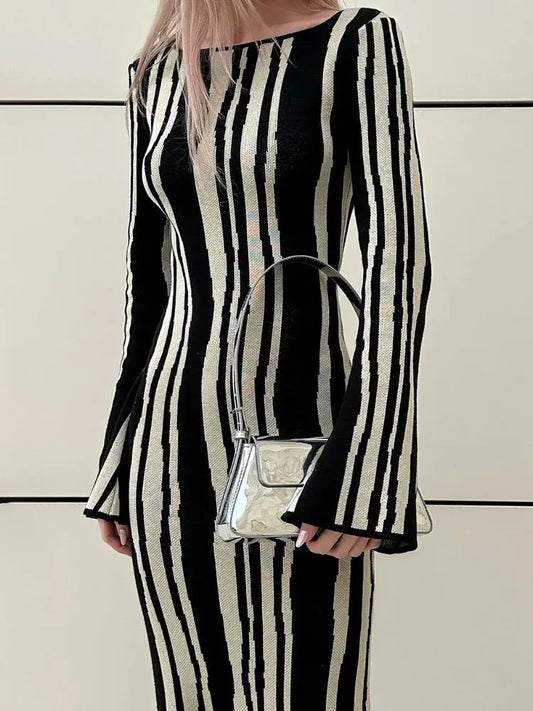 Knit Striped Wrap Dress for Contrast High Street Slim Long Dress Pullover Knitwear High Waist Dress