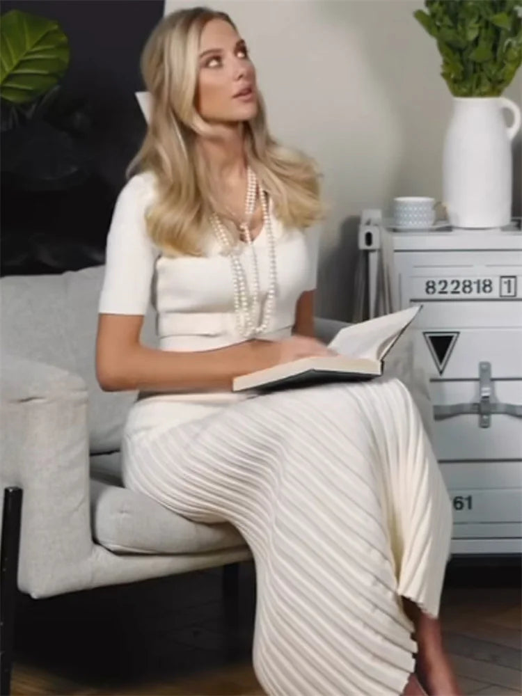 Knit Summer White Two Piece Holiday Party Maxi Skirt Outfits High Split Knitwear Female Sets Skirt