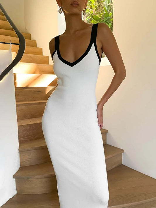Knit Suspender Split Long Dress Sleeveless Block Color Beach Vacation V-neck Knitwear Bodycon Dress New