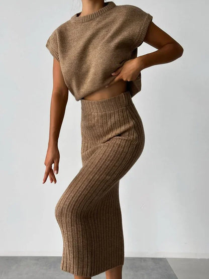 Knit Sweater 2 Piece-set Loose Ribbed Sleeveless Pullover and High Waist Long Skirt Outfits Knitwear ’s Sets