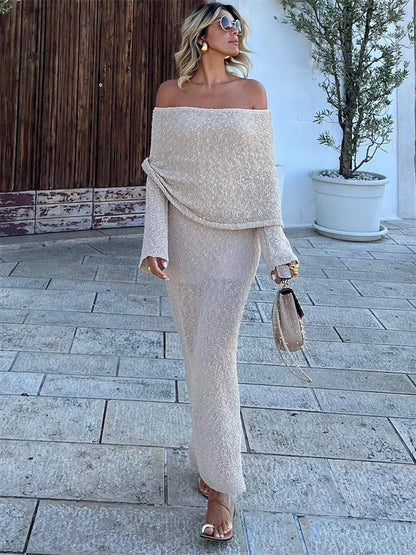 Knit Sweater Loose Maxi Dress Female Hollow Out Summer Patchwork High Waist Beach Holiday Dress Knitwear Long Dress