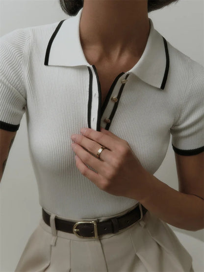 Knit Sweater Pullover Short Sleeve Patchwork Slim Lapel Contrast Knitwear Top Female Skinny Ribbed Pullover
