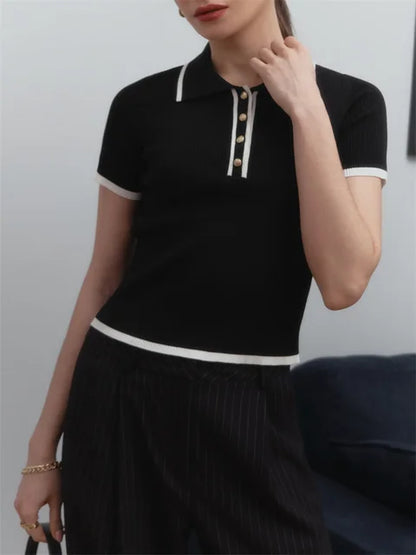 Knit Sweater Pullover Short Sleeve Patchwork Slim Lapel Contrast Knitwear Top Female Skinny Ribbed Pullover