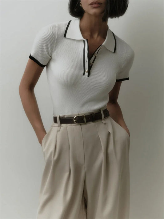Knit Sweater Pullover Short Sleeve Patchwork Slim Lapel Contrast Knitwear Top Female Skinny Ribbed Pullover