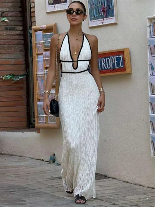 Knit V-neck Backless Maxi Dress ’s Slim Lace-up Contrast Patchwork Bandage Knitwear Dress Female Long Dress