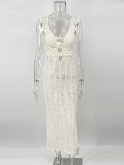 Knit V-neck Maxi Dress ’s Slim High Waist See-through Patchwork Bandage Backless Dress Female Knitwear Dress