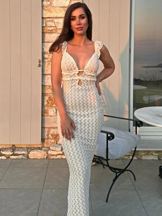 Knit V-neck Maxi Dress ’s Slim High Waist See-through Patchwork Bandage Backless Dress Female Knitwear Dress