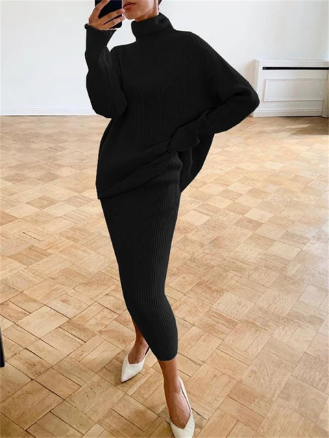 Knitted 2 Piece Outfit Set Long Sleeve Sweater Top and Pencil Long Skirts Autumn Two Piece Sweater Sets