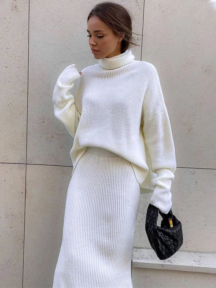 Knitted 2 Piece Outfit Set Long Sleeve Sweater Top and Pencil Long Skirts Autumn Two Piece Sweater Sets
