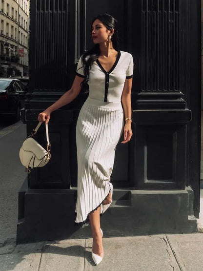 Knitted Fold Skirt Two Pieces Set Deep V Neck Short T-shirt Knitwear High Waist Skirt Patchwork Female Sets Summer