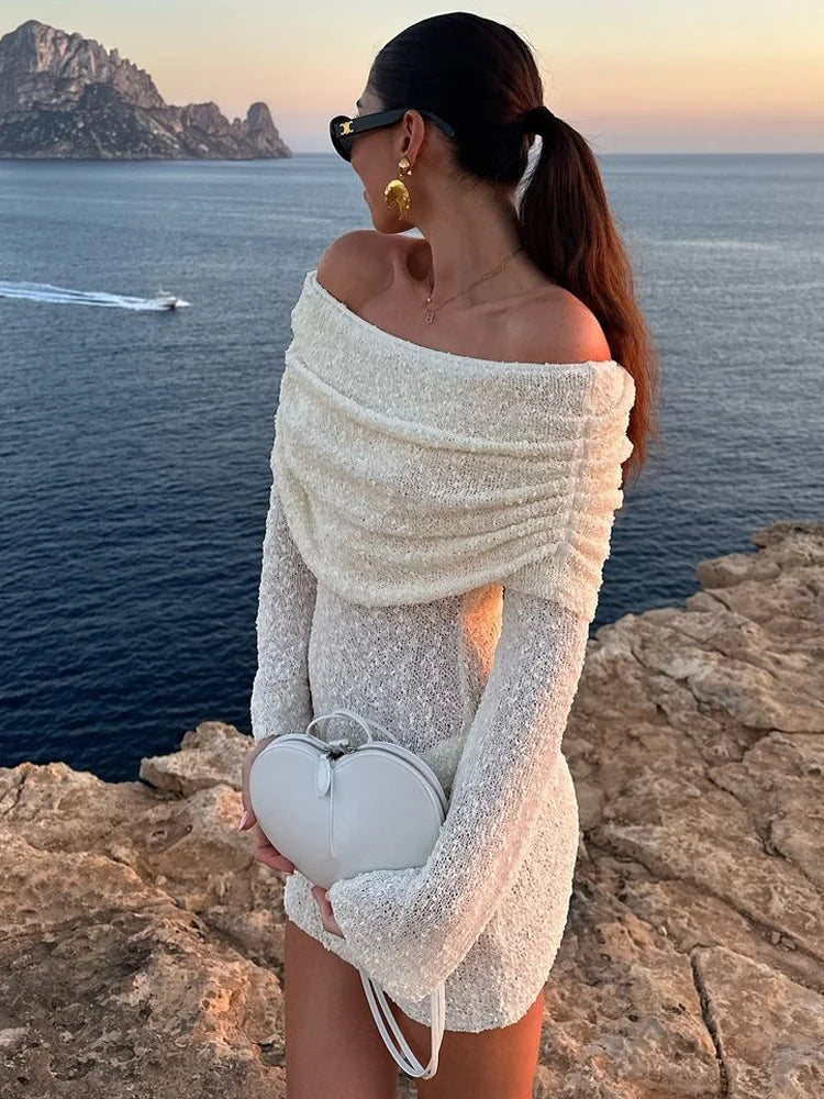 Knitted Hollow Blouse Mini Dress ’s Summer Row Neck Slim Long Sleeve Color Hip Beach Vacation Mini Dress
