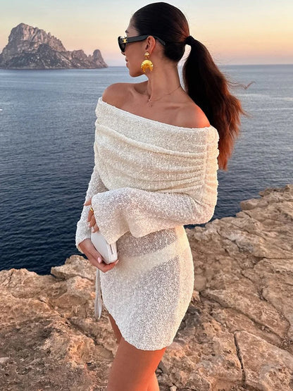 Knitted Hollow Blouse Mini Dress ’s Summer Row Neck Slim Long Sleeve Color Hip Beach Vacation Mini Dress