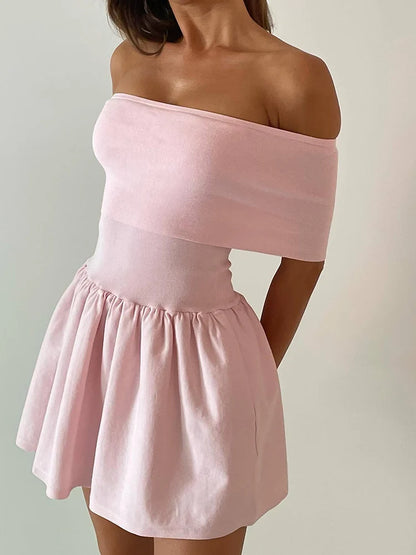 Knitted Off Shoulder Mini Dress Patchwork Ruffled Edge Slash Neck Beach Holiday Princess Dress Cover Up Summer
