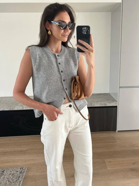 Knitted Vests Top for Single-breasted Knitwear Cardigan Tank Sweater Female Sleeveless
