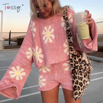 Knitted ’s 2 Piece Sets Outfits Pink Sweet Oversized Sweater Suit With Shorts for Tracksuit