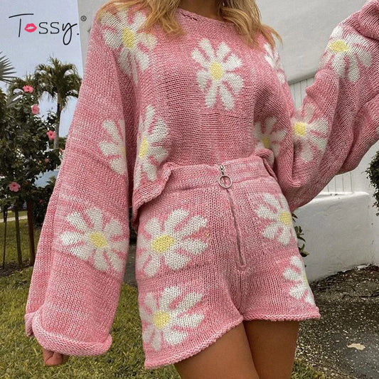 Knitted ’s 2 Piece Sets Outfits Pink Sweet Oversized Sweater Suit With Shorts for Tracksuit