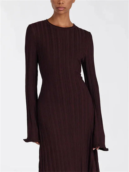 Knitwear Loose Maxi Dress Lace-up High Waist Ribbed Long Sleeve Party Dress Female Knit Bandage Long Dress