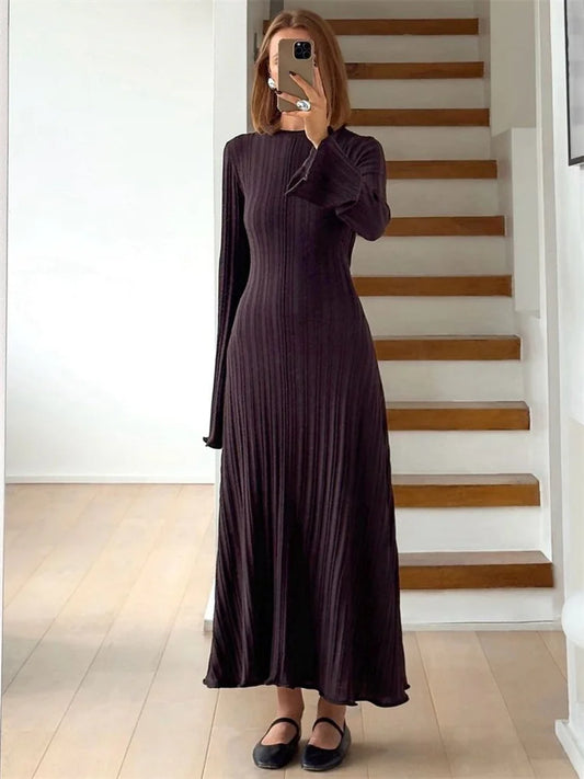 Knitwear Loose Maxi Dress Lace-up High Waist Ribbed Long Sleeve Party Dress Female Knit Bandage Long Dress