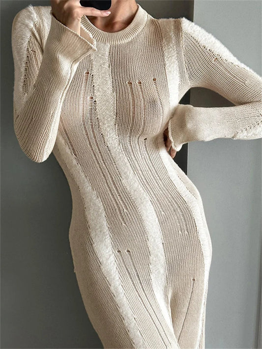 Knitwear Hollow Out Maxi Dress for See-through High Waist Loose Knit Autumn Dress Party Dress