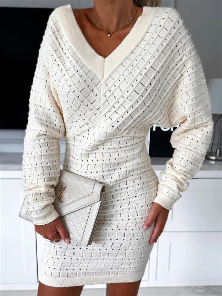 Knitwear V-neck Hollow Out Dress for See-through Loose Long Sleeve See-through Dress Female Mini Dress
