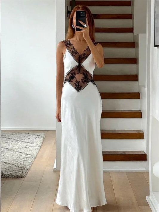 Lace Backless Hollow Out Maxi Dress for Patchwork Printed High Waist Party Dress Female Long Dress