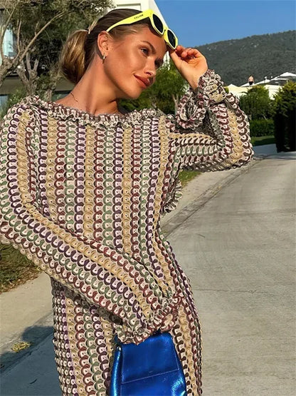 Lace Beach Holiday Long Dress Backless Female Hollow Out Patchwork Loose Contrast Party Dress Maxi Dress
