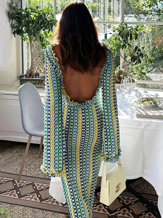 Lace Beach Holiday Long Dress Backless Female Hollow Out Patchwork Loose Contrast Party Dress Maxi Dress