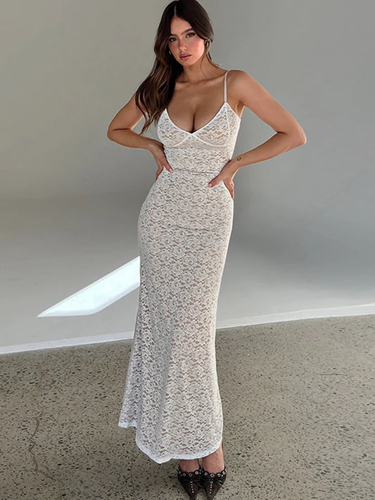 Lace Hollow Out Backless Maxi Dress Slim V-neck See-through High Street Summer Party Dress Slim Dress
