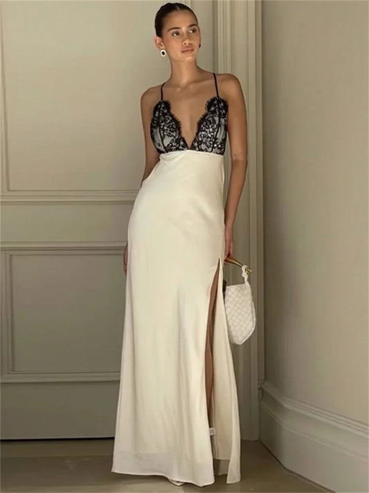 Lace-up Backless Patchwork Maxi Dress – Halter V-neck Summer