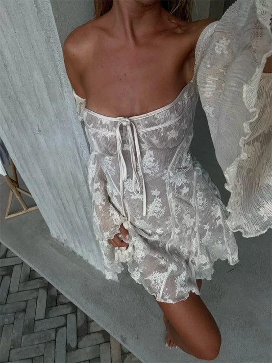 Lace Printed Lace-up Mini Dress Female Ruffled Square Collar Slim See-through Dress for Bandage Dress