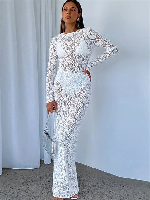 Lace See-through Printed Long Dress Female Hollow Out Slim High Waist Dress Club Clothes Maxi Dress