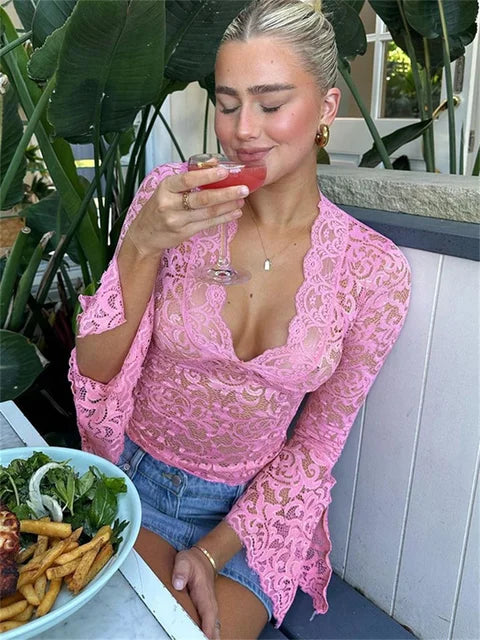 Lace See-through Y2k Top T-shirt V-neck Patchwork Hollow Out Cropped Top Night Club Clothes Crop Top