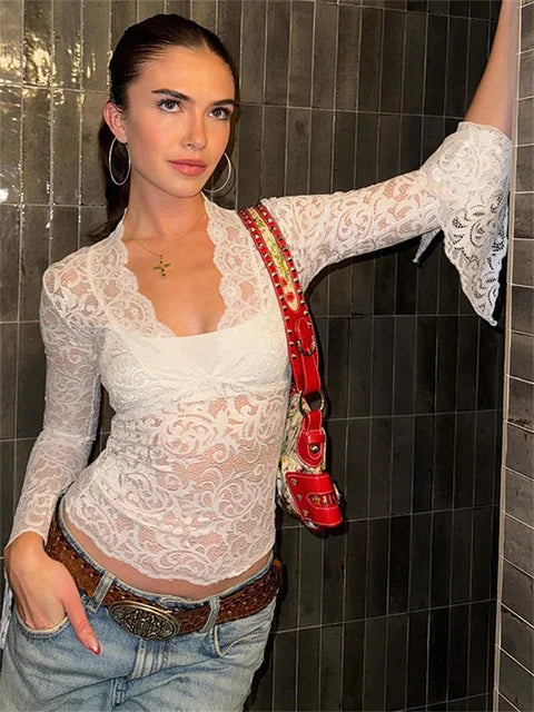 Lace See-through Y2k Top T-shirt V-neck Patchwork Hollow Out Cropped Top Night Club Clothes Crop Top