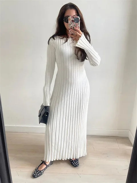Lace-up Female Knit Maxi Dress – Autumn High Waist Patchwork Long Sleeve Bandage Knitwear Dress