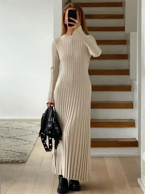 Lace-up Female Knit Maxi Dress – Autumn High Waist Patchwork Long Sleeve Bandage Knitwear Dress