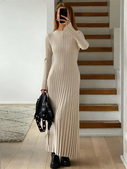 Lace-up Female Knit Maxi Dress – Autumn High Waist Patchwork Long Sleeve Bandage Knitwear Dress